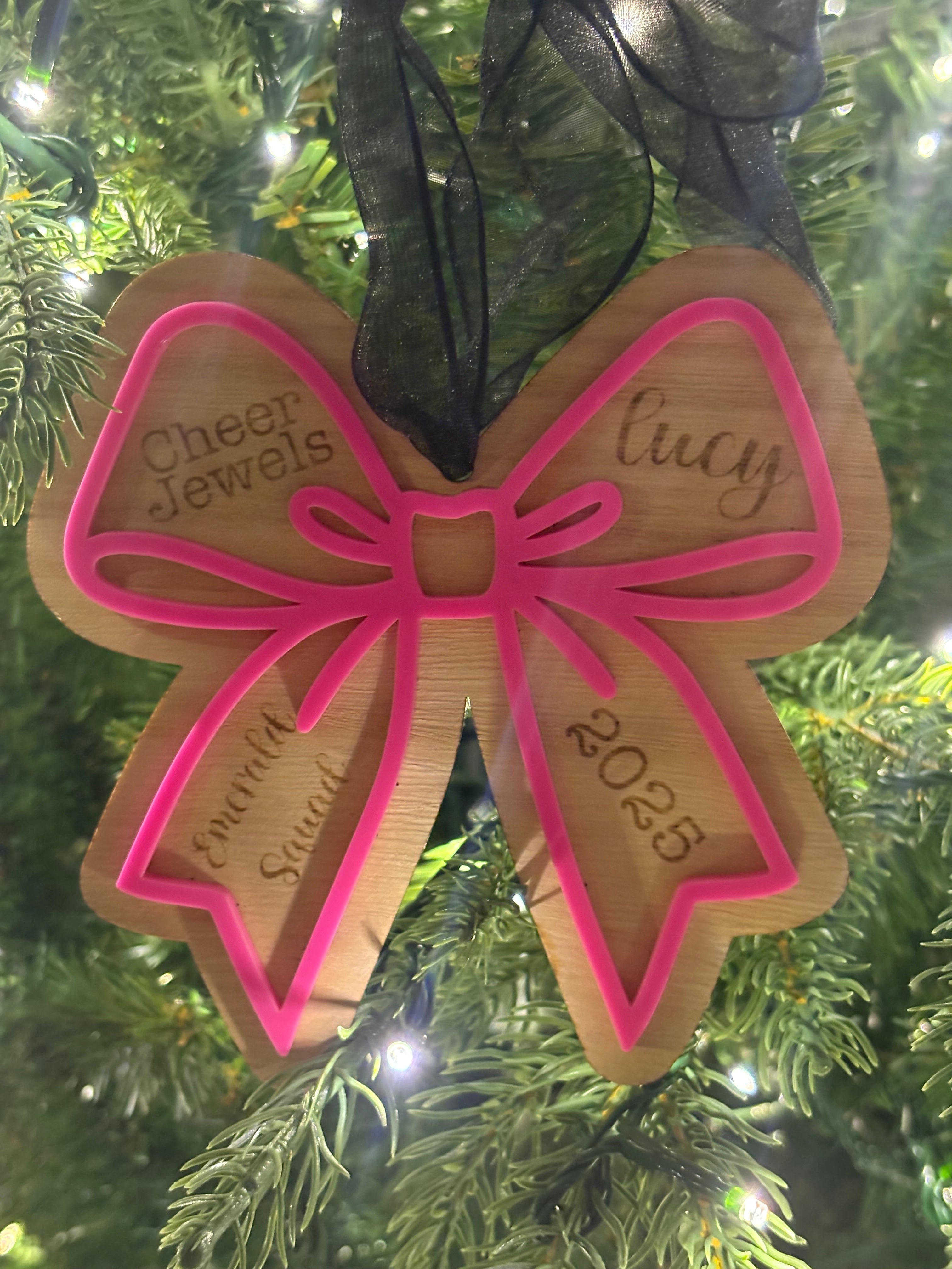 Personalized Cheer Bow Ornament with Name & Squad